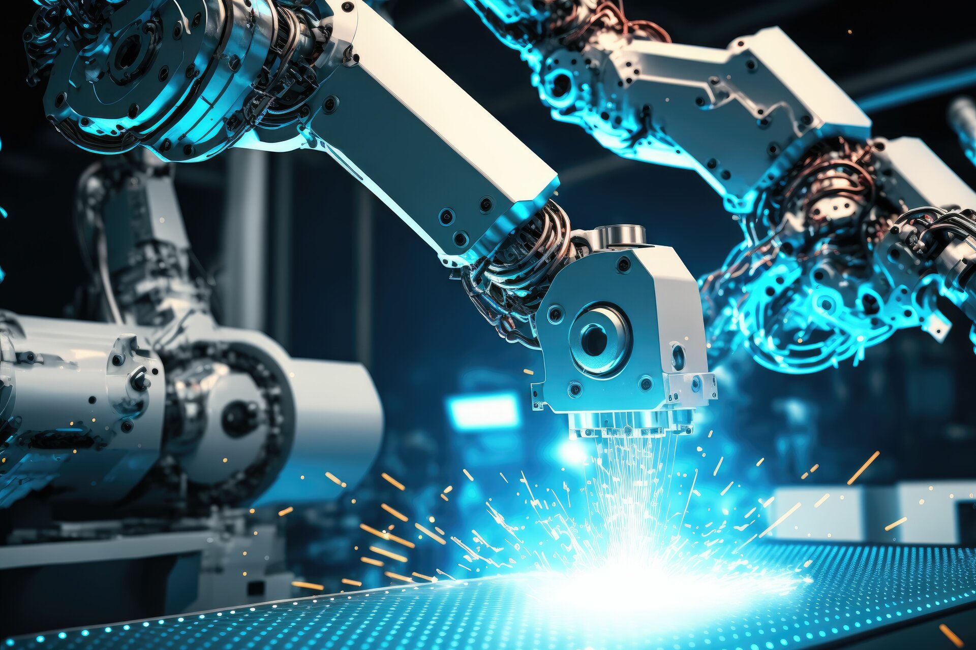 Roboterarme bei der Arbeit in einer futuristischen Fabrik, industrielle Schweißarbeiten