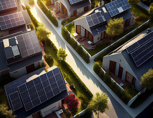 Sonnenkollektoren auf den Dächern aller Häuser in der Stadt oder im Dorf. Generative KI