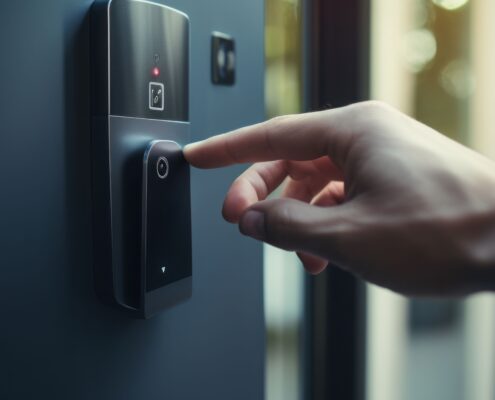 Nahaufnahme eines Fingers, der einen Fingerabdrucksensor neben einem Türknauf drückt, um schlüssellosen Zugang zu einer Haustür zu erhalten