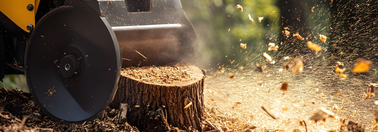 Stubbenfräse im Einsatz auf Baumstumpf im Wald