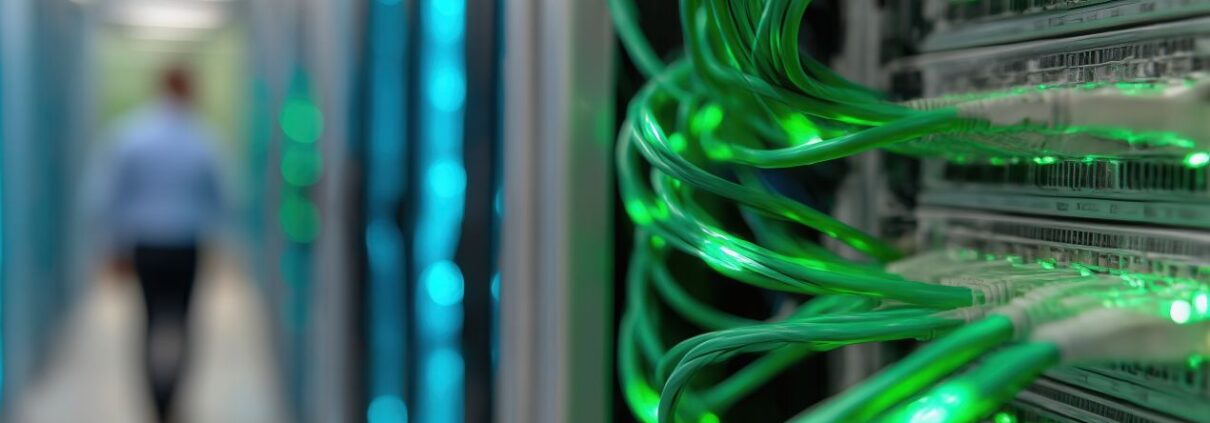 Grün leuchtende Multimode Kabel in einem Serverrack – energieeffiziente Infrastruktur für nachhaltige Maschinenbauanwendungen