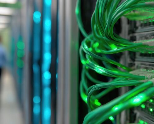 Grün leuchtende Multimode Kabel in einem Serverrack – energieeffiziente Infrastruktur für nachhaltige Maschinenbauanwendungen