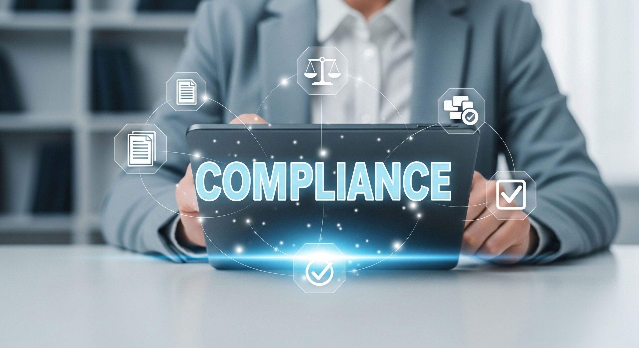 Anwaltskanzlei IT Recht: Compliance-Konzept auf Laptop mit Symbolen für Kontrolle und Sicherheit