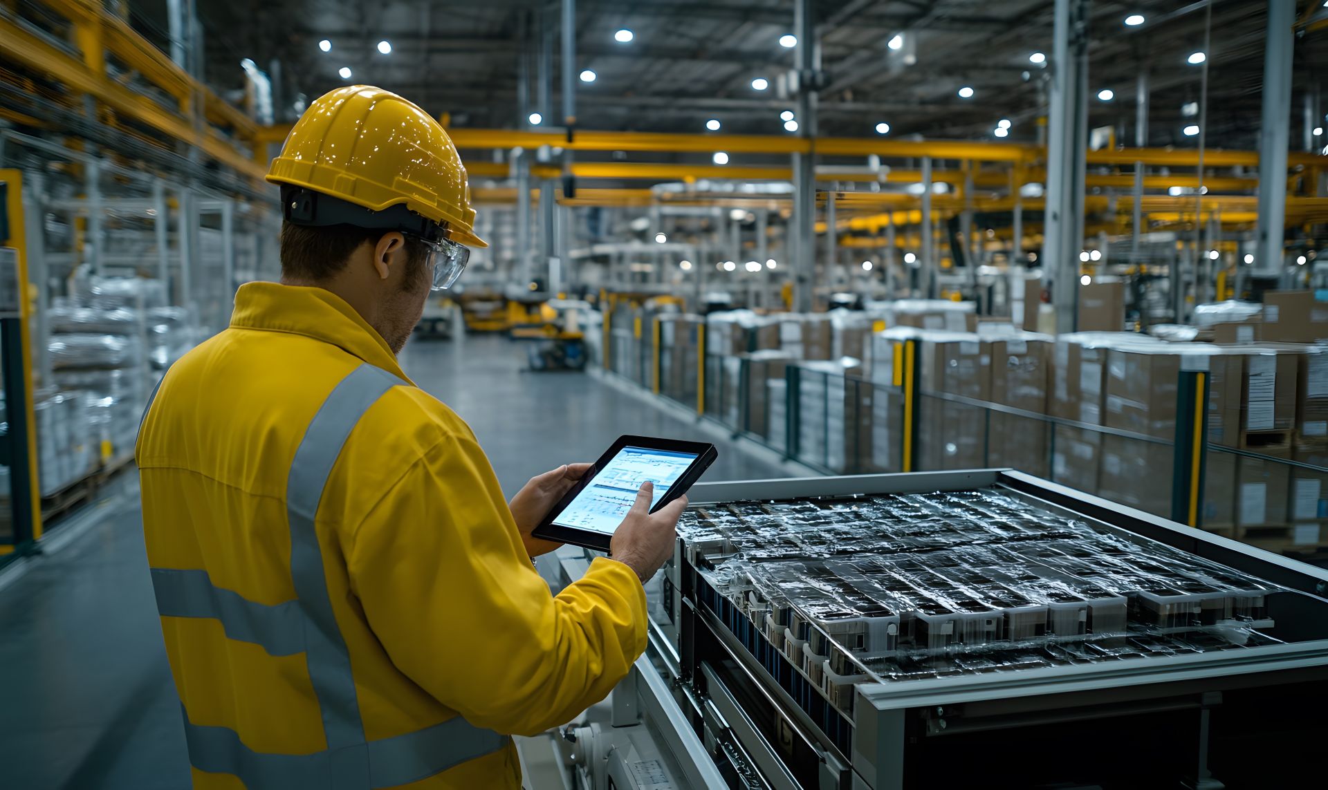 Arbeiter in gelber Schutzkleidung und Helm bedient Tablet zur Steuerung und Kontrolle von Produktionsprozessen in grosser Industriehalle