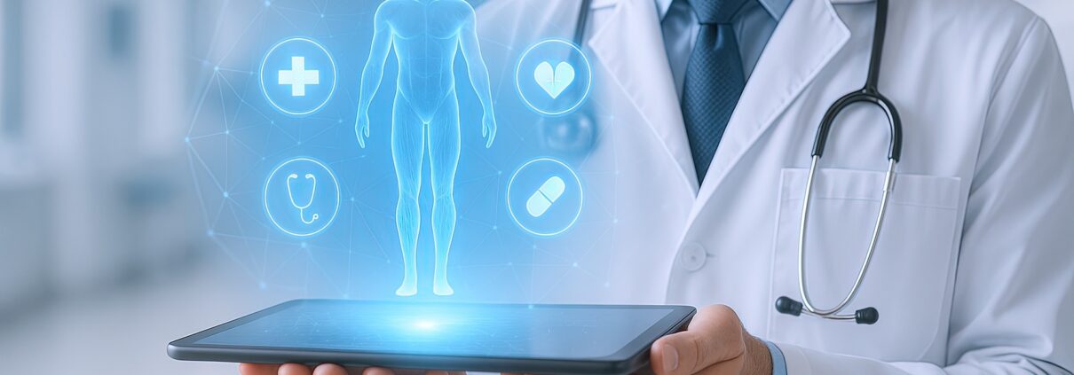 Arzt mit Hologramm und Tablet | Radiologie Köln