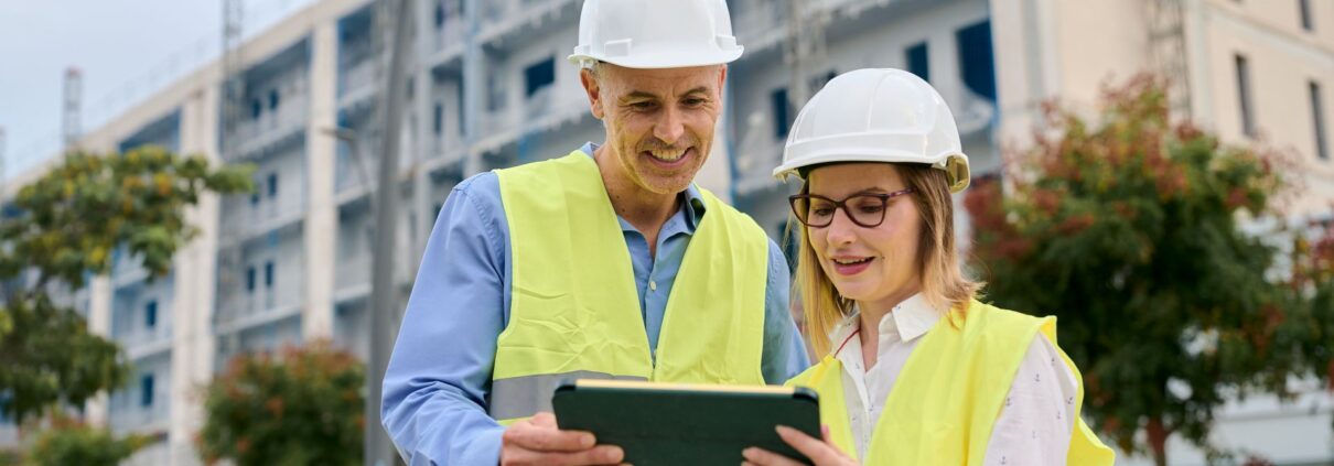Zwei Bauleiter mit Schutzwesten und Helmen bei der Planung vor Rohbau mit Tablet