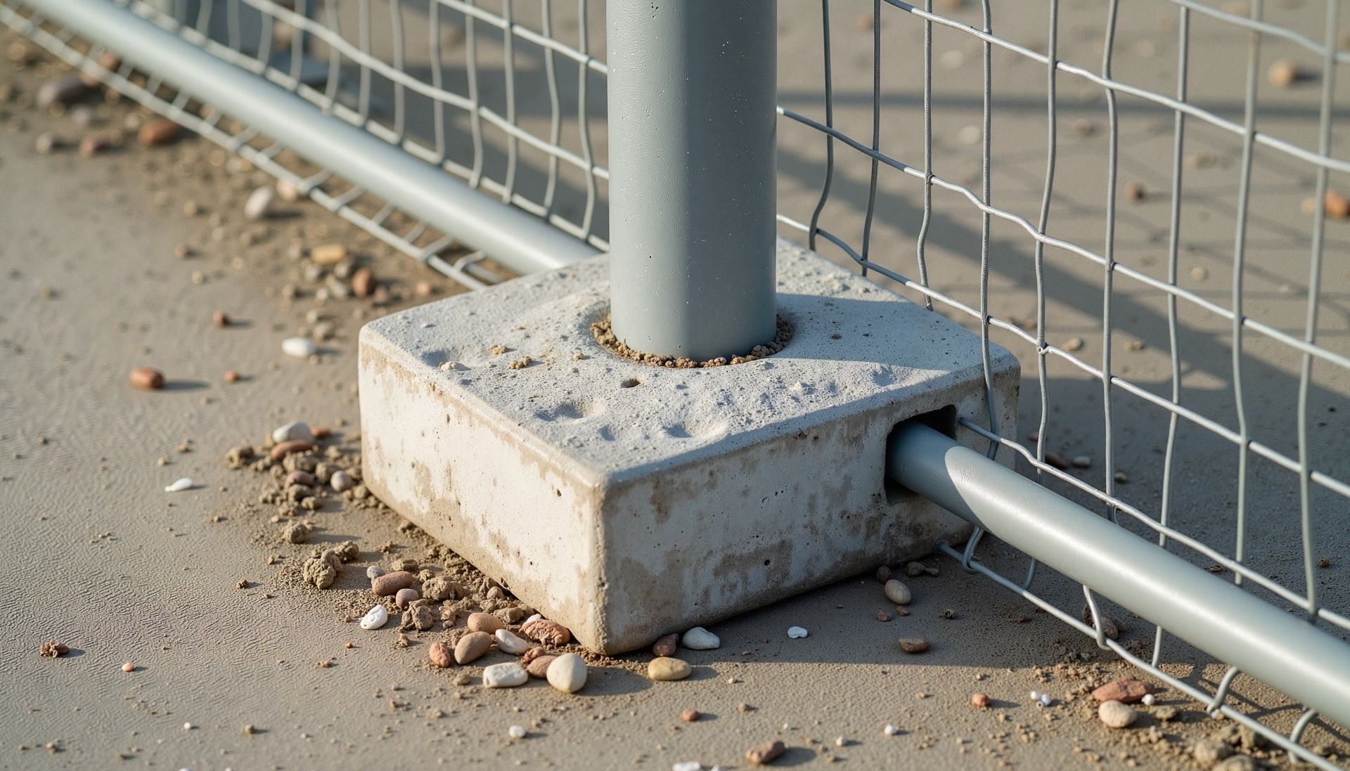 Detailaufnahme eines mobilen Bauzauns mit Betonfuß auf Kiesboden