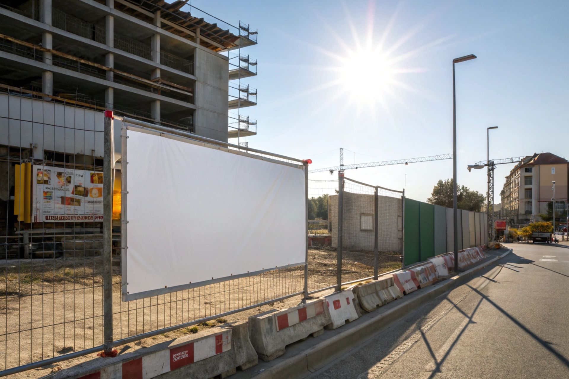 Modularer Bauzaun mit weißer Plane und Hinweisschild vor Rohbau an Straße