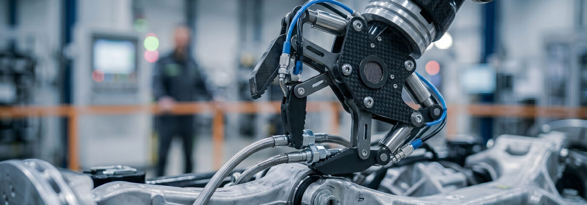 Automatisierte Fertigungslinie mit Robotern und vernetzten Maschinen in einer modernen Industriehalle
